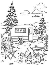 Caravane avec feu de camp