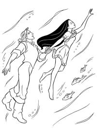 John Smith et Pocahontas dans l'eau