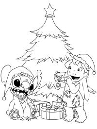 Stitch et Lilo près de l'arbre de Noël