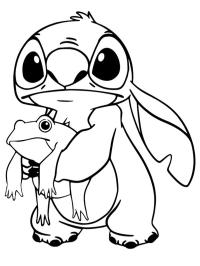 Image à colorier Stitch tient une grenouille