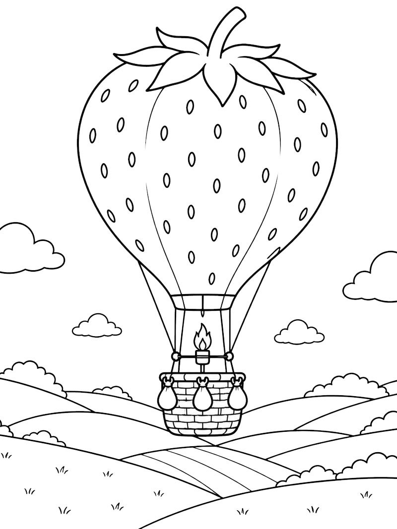 Montgolfière de fraises survolant la campagne Coloriage Montgolfière de fraises survolant la campagne Coloriage