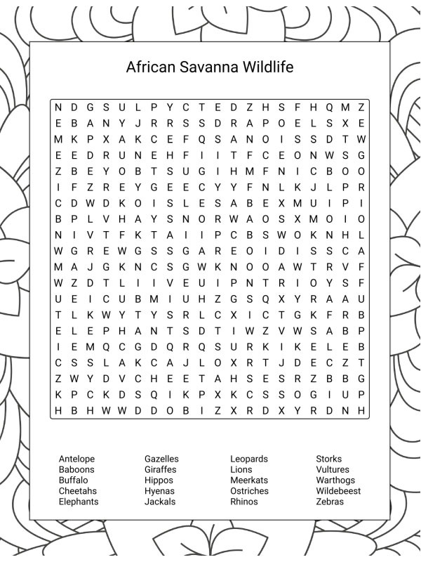 Mots cachés animaux de la savane africaine Coloriage Mots cachés animaux de la savane africaine Coloriage