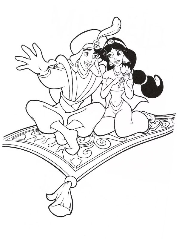 Image à colorier Aladdin et Jasmine sur le tapis