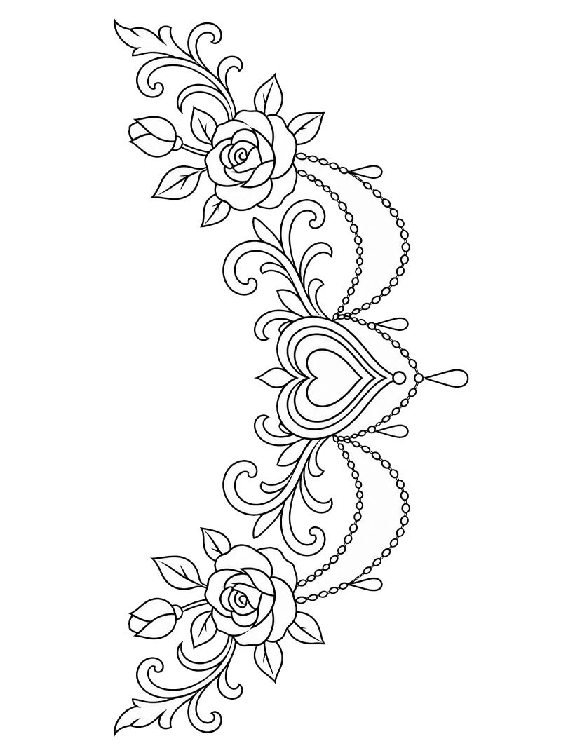 Tatouage sur la poitrine cœur et roses Coloriage Tatouage sur la poitrine cœur et roses Coloriage