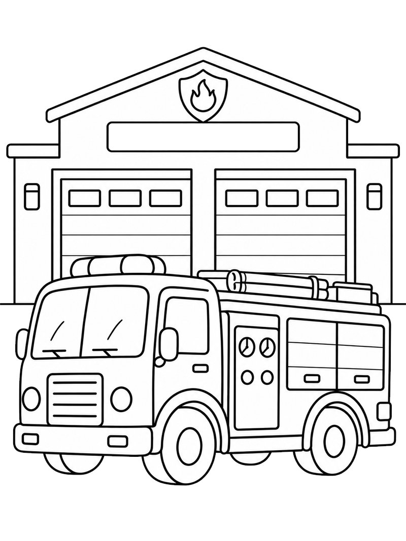 Camion de pompiers à la caserne Coloriage Camion de pompiers à la caserne Coloriage