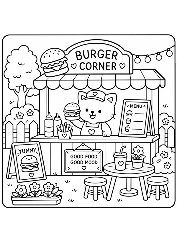 Cozy restaurant de hamburgers Coloriage