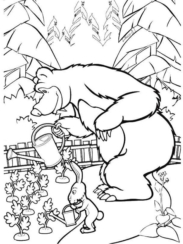 Ours et lapin arrosant des fleurs Coloriage Ours et lapin arrosant des fleurs Coloriage
