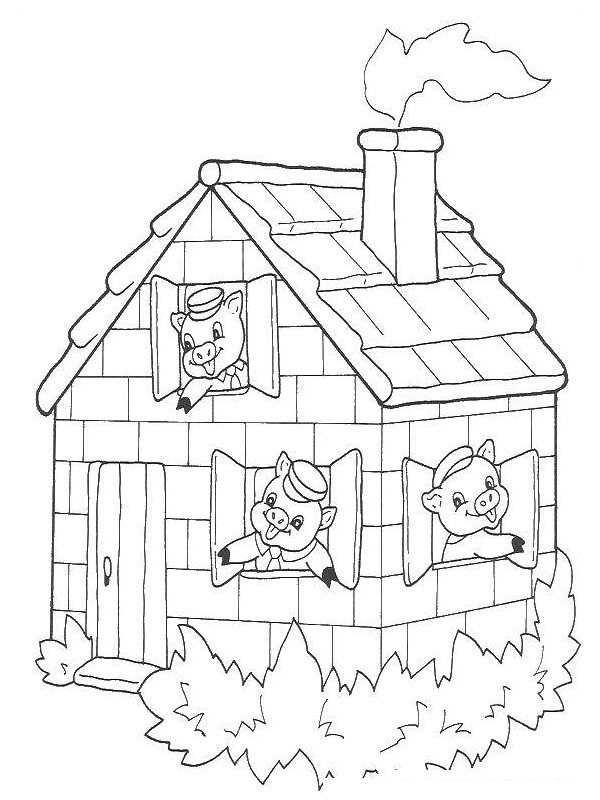 Les trois petits cochons dans la maison Coloriage Les trois petits cochons dans la maison Coloriage