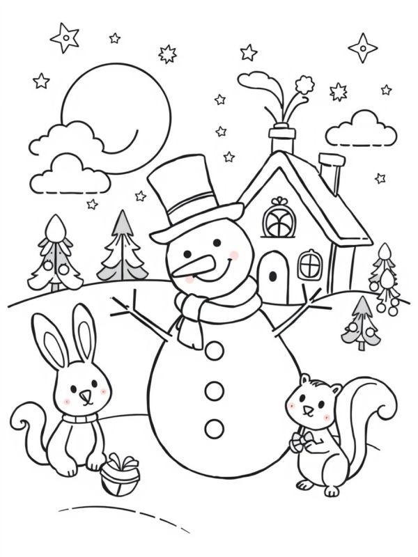 Animaux auprès du bonhomme de neige Coloriage Animaux auprès du bonhomme de neige Coloriage
