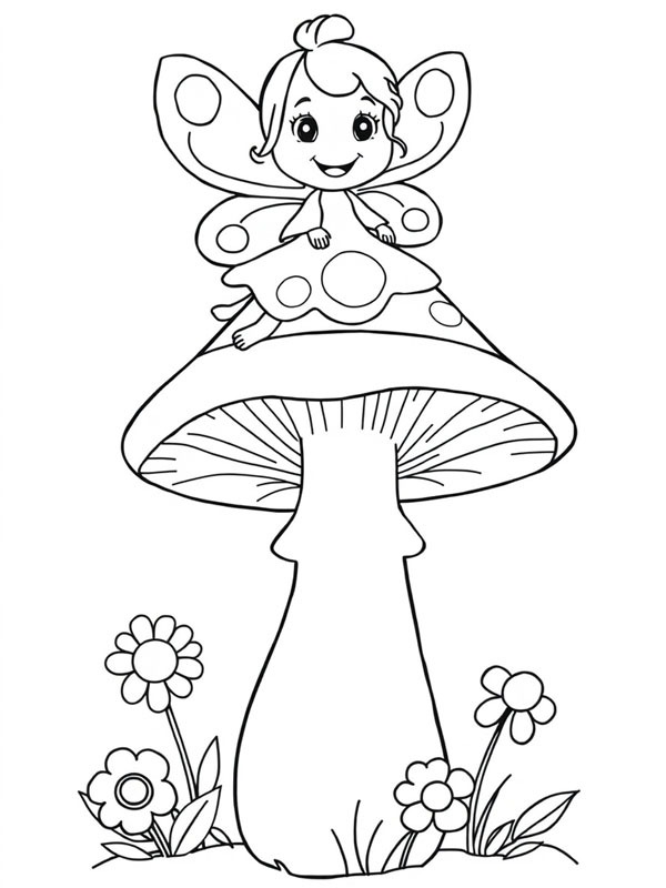 Fée sur un champignon Coloriage Fée sur un champignon Coloriage