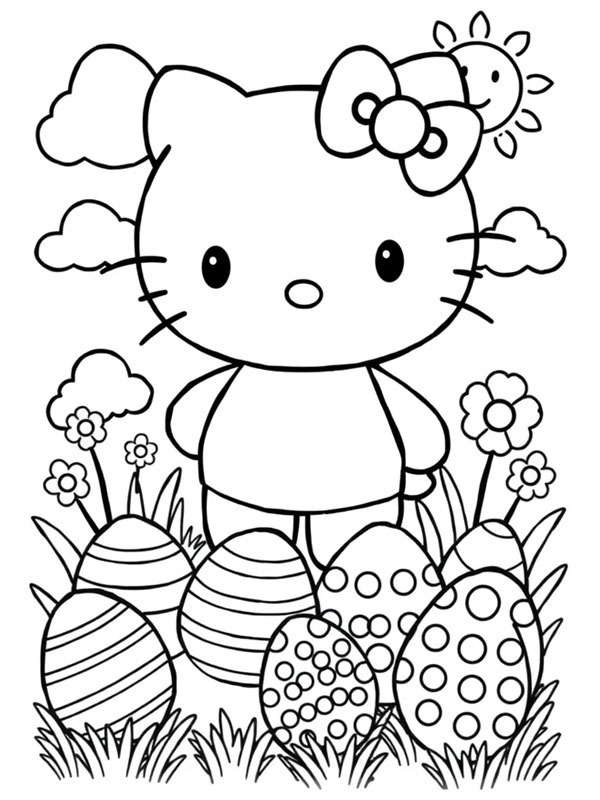 Hello Kitty avec des œufs de Pâques Coloriage Hello Kitty avec des œufs de Pâques Coloriage