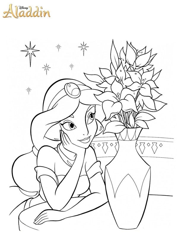 Jasmine regarde un vase de fleurs Coloriage Jasmine regarde un vase de fleurs Coloriage