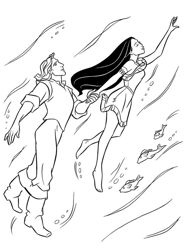 John Smith et Pocahontas dans l'eau Coloriage John Smith et Pocahontas dans l'eau Coloriage