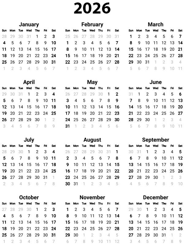 Calendrier 2026 Coloriage