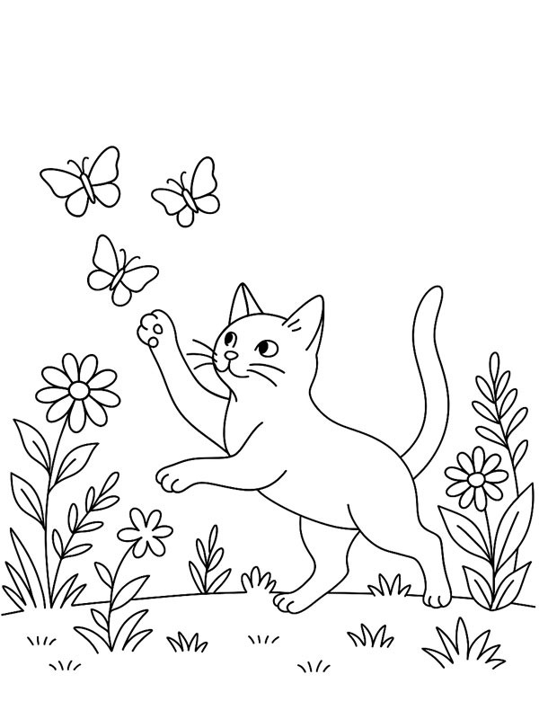 Chat qui poursuit des papillons Coloriage Chat qui poursuit des papillons Coloriage