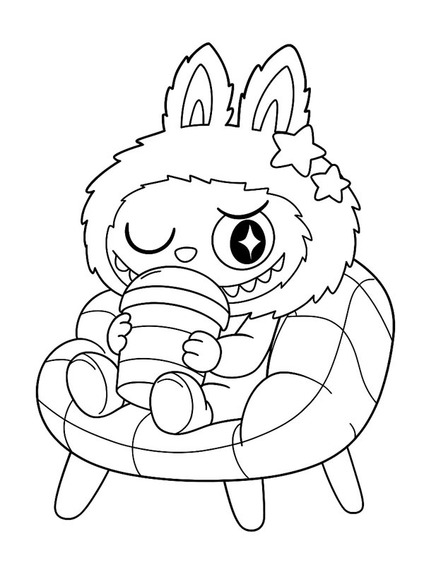 Labubu est allongé sur un coussin Coloriage Labubu est allongé sur un coussin Coloriage