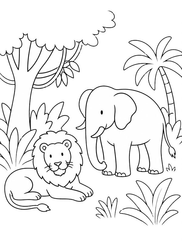 Lion et éléphant dans la jungle Coloriage Lion et éléphant dans la jungle Coloriage