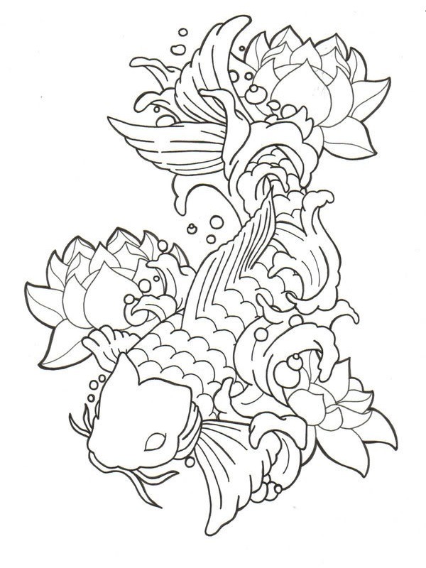 tatouage de lotus et de carpe koi Coloriage