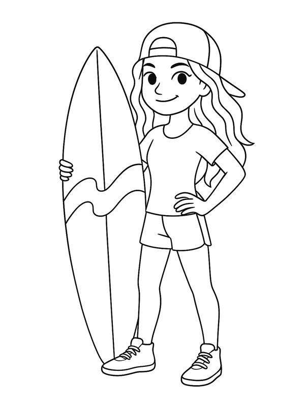 Fille avec planche de surf Coloriage Fille avec planche de surf Coloriage