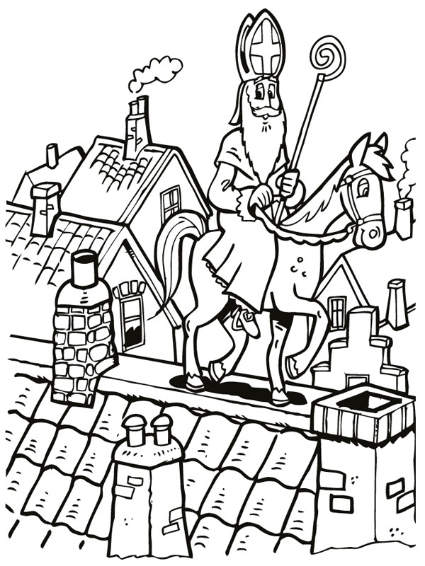 Cheval avec Saint-Nicolas traverse le toit Coloriage