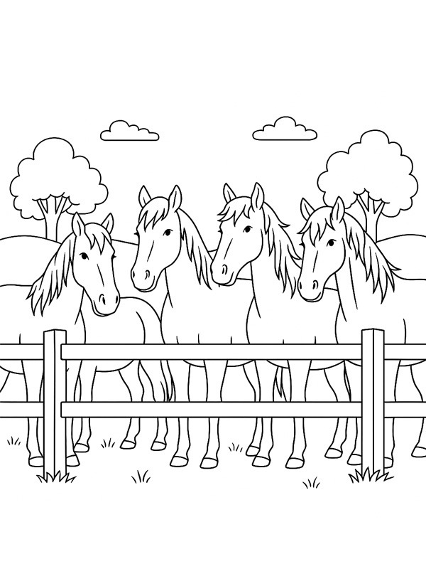 Troupeau de chevaux derrière une clôture Coloriage Troupeau de chevaux derrière une clôture Coloriage