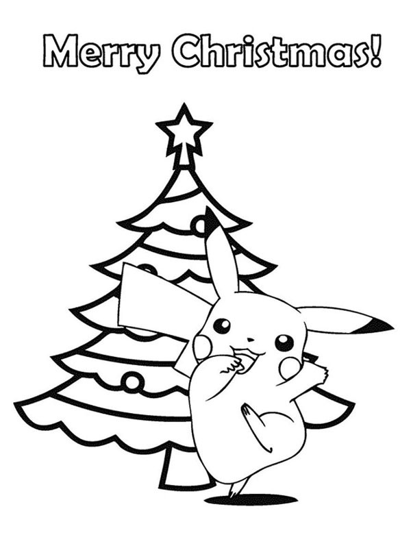 Pikachu à côté de l'arbre de Noël Coloriage Pikachu à côté de l'arbre de Noël Coloriage