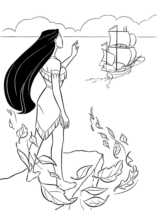 Pocahontas fait signe au bateau qui part Coloriage Pocahontas fait signe au bateau qui part Coloriage