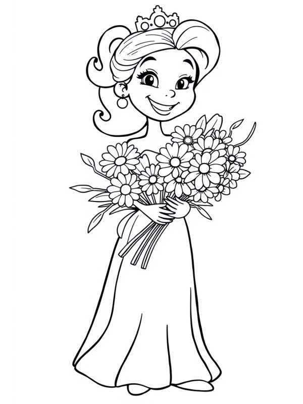 Princesse avec un bouquet de fleurs Coloriage Princesse avec un bouquet de fleurs Coloriage