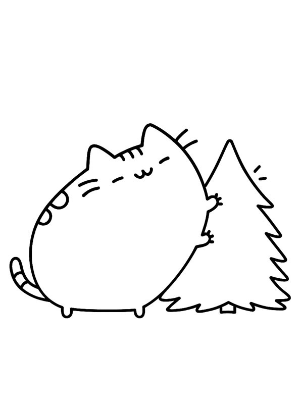 Pusheen pr&egrave;s du sapin de No&euml;l Coloriage