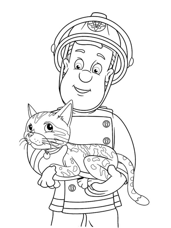 Pompier Sam avec un chat Coloriage Pompier Sam avec un chat Coloriage