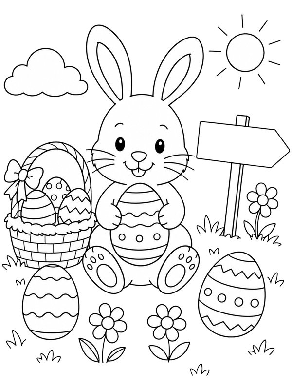 Lapin de Pâques adorable avec œufs et fleurs Coloriage Lapin de Pâques adorable avec œufs et fleurs Coloriage