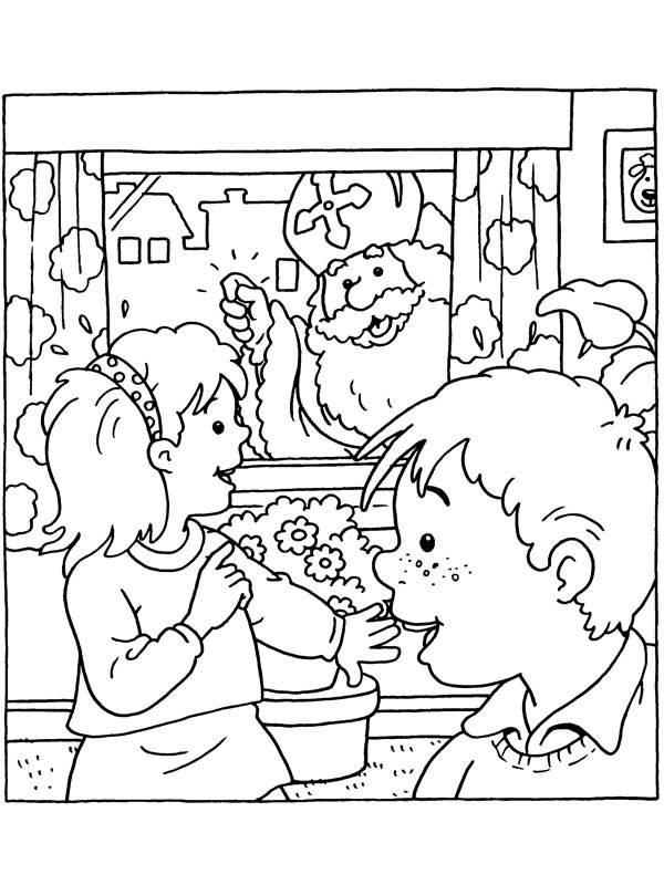 Saint-Nicolas est à la fenêtre Coloriage Saint-Nicolas est à la fenêtre Coloriage