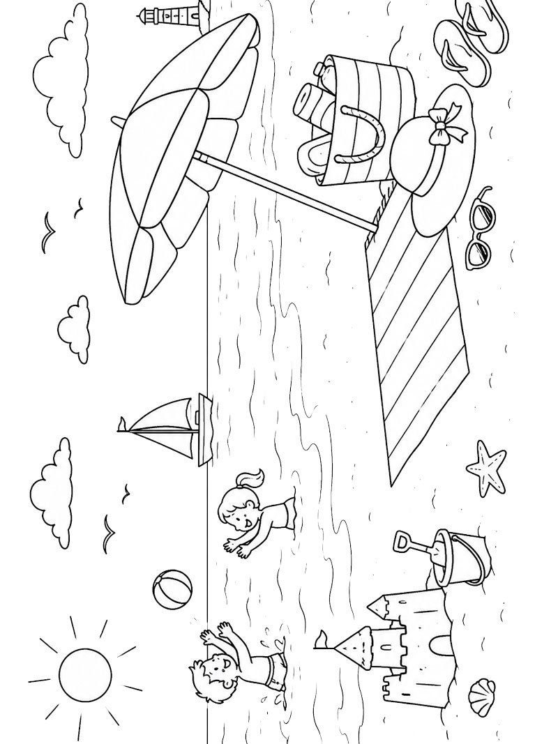 Journée à la plage avec enfants Coloriage Journée à la plage avec enfants Coloriage
