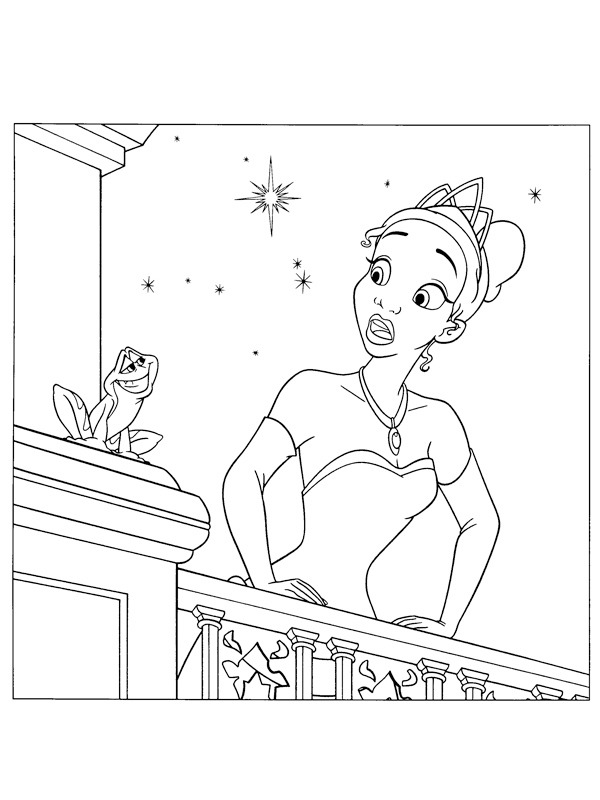 Tiana voit une grenouille Coloriage