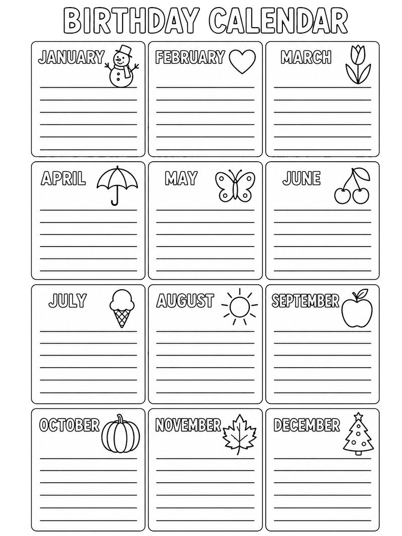 Calendrier d'anniversaire Coloriage Calendrier d'anniversaire Coloriage