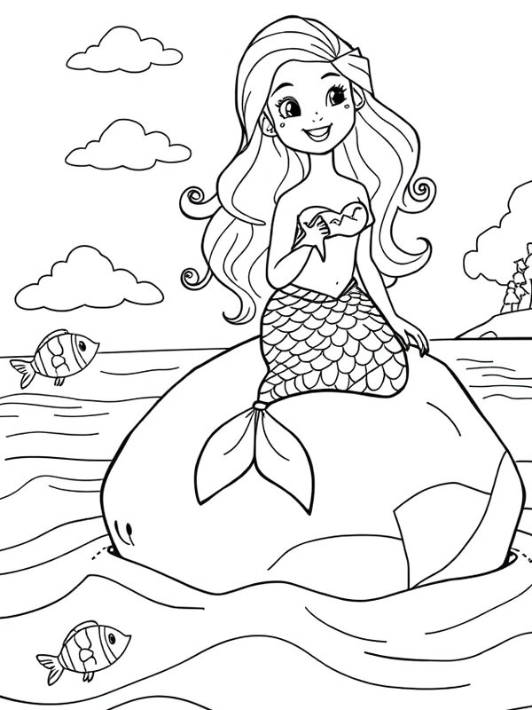 Sirène sur une roche Coloriage Sirène sur une roche Coloriage